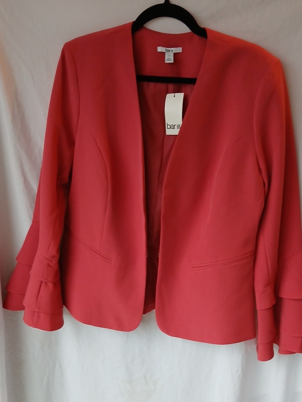 39. NWT Bar III Coral-Red Open Front Blazer with Tiered Ruffle Sleeves